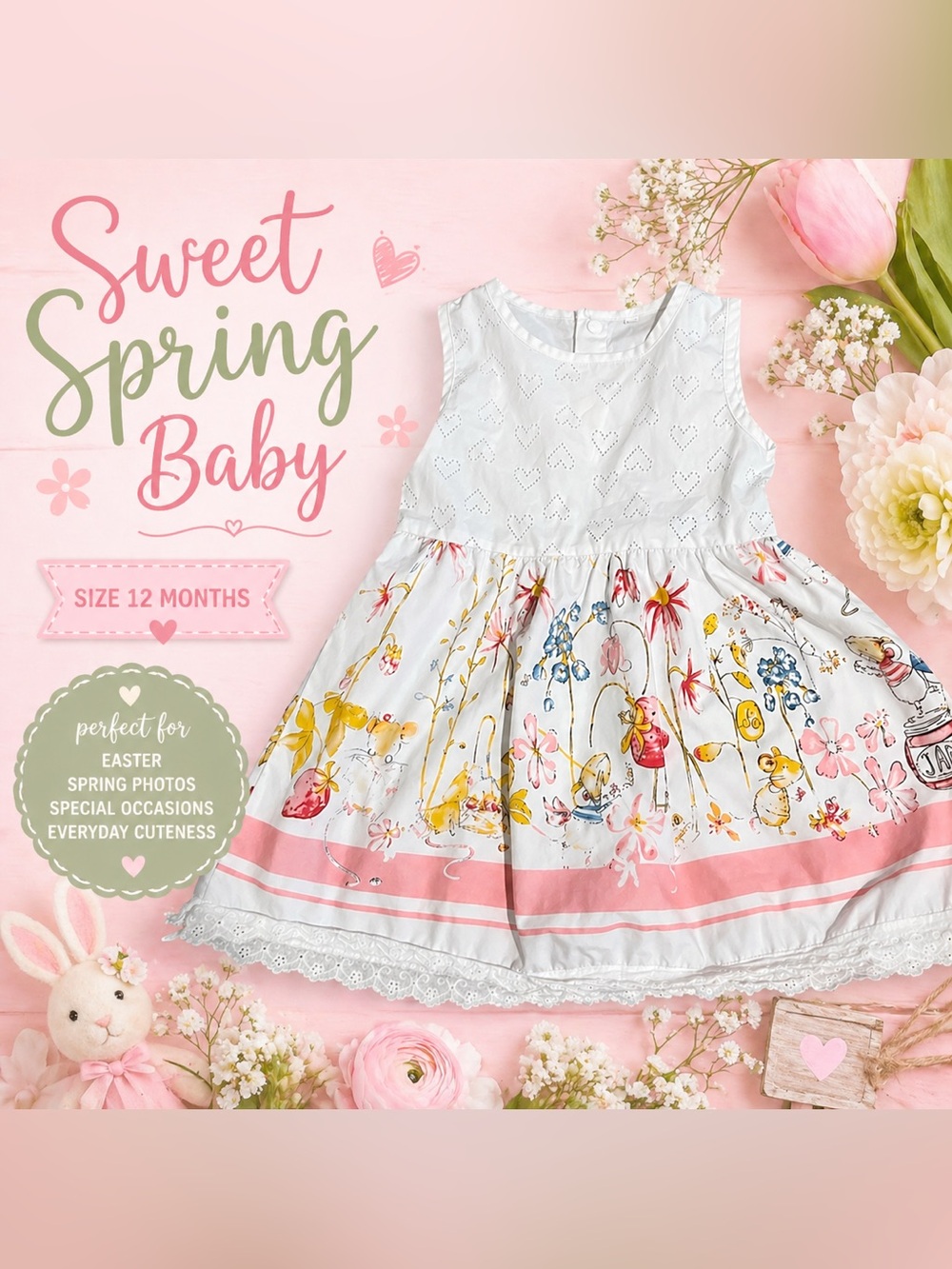 Girls 12M Floral Eyelet Dress Pink Trim Whimsical Garden Print